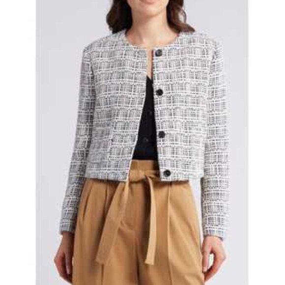 BOSS Janoa tweed jacket 16 grey black white women's collarless - Picture 1 of 13
